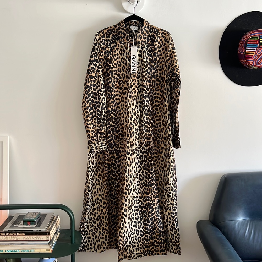 GANNI printed cotton poplin leopard Maxi Dress size 40